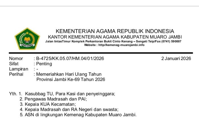 HUT Provinsi, Kementerian Agama Kabupaten Muaro Jambi Terbitkan Surat  Edaran