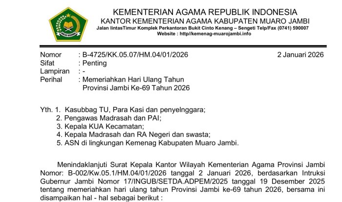 HUT Provinsi, Kementerian Agama Kabupaten Muaro Jambi Terbitkan Surat Edaran ( Part 2 )