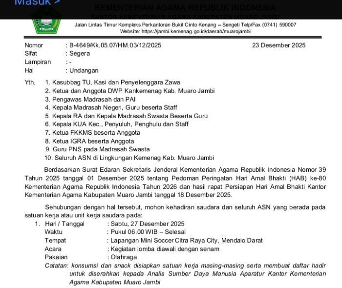Hari Amal Bakti Kemenag Kabupaten Muaro Jambi, Berikut Susunan Kegiatan.